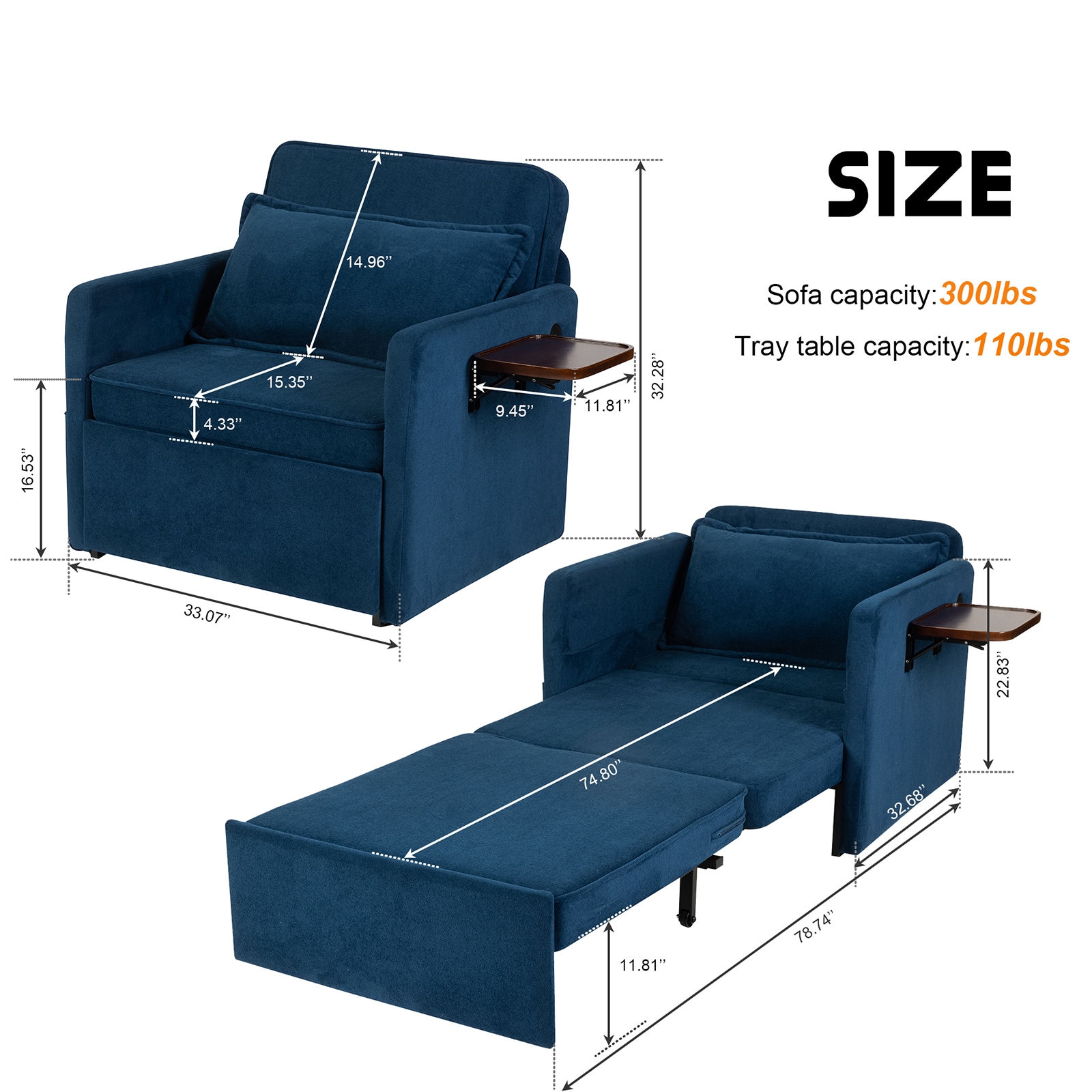 Sleeper Chair Bed, 3-in-1 Convertible Sofa Bed Pull-out Sofa Bed, Convenient Folding Tray Table With USB And Type-C Charging Ports,Blue,Leather_voghion.com